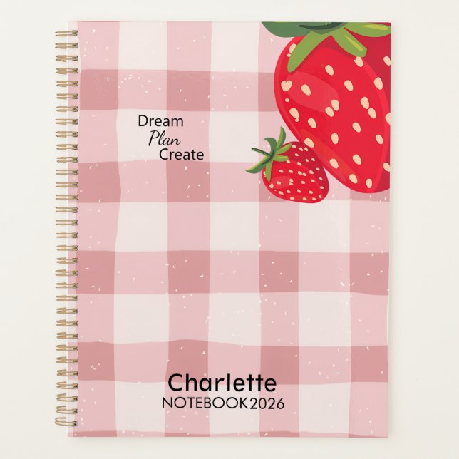 Cute Pink Gingham Strawberry Yearly Planner (Front)