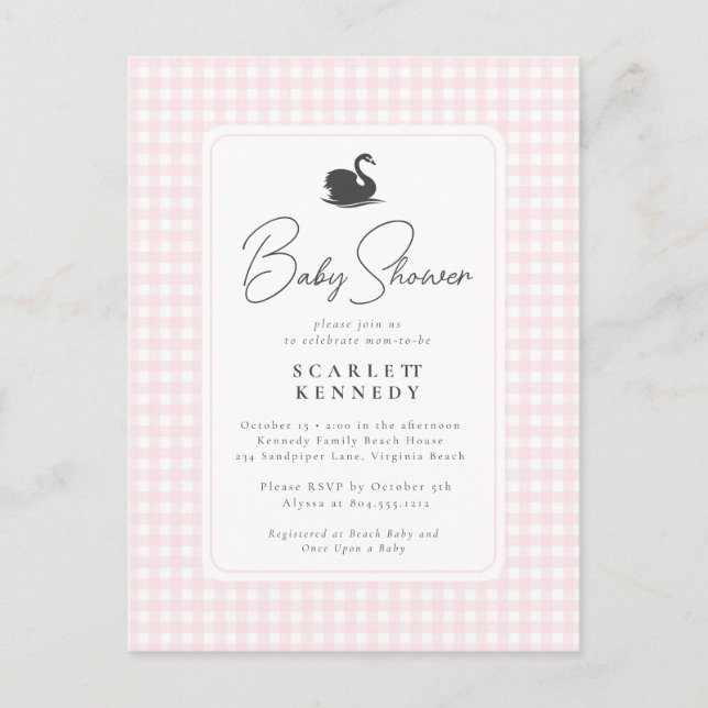 Cute Pink Gingham Swan Simple Baby Shower  Postcard (Front)