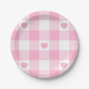 Cute Pink Gingham Vichy With Hearts Paper Plate