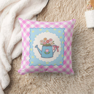 Cute Pink Gingham Watering Can Floral Throw Pillow