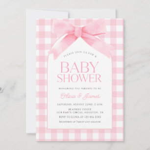 Cute Pink Gingham with Bow Girl Baby Shower Invitation