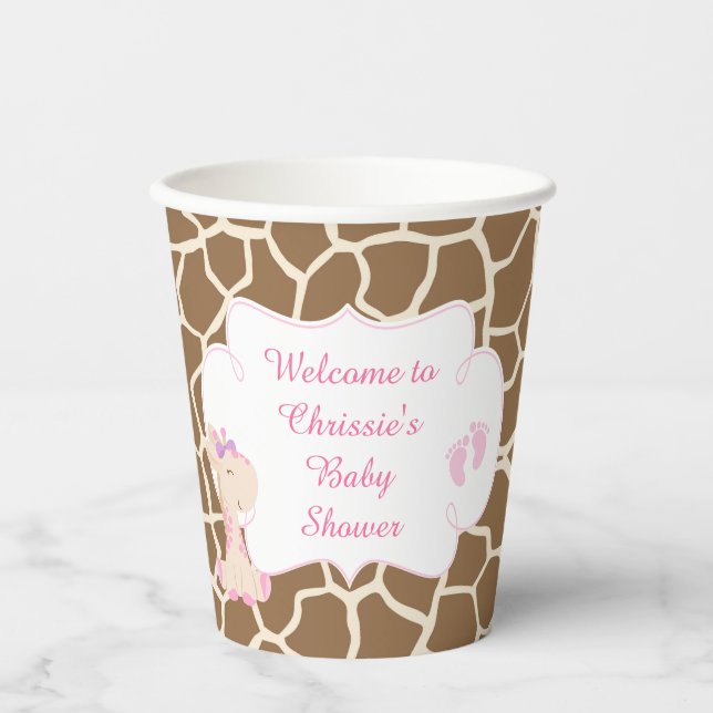 Cute Pink Giraffe Baby Shower Paper Cups (Front)