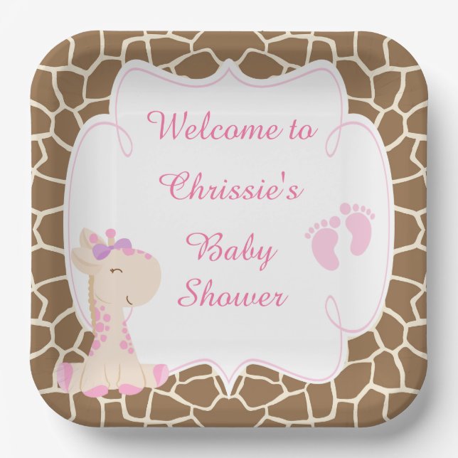 Cute Pink Giraffe Baby Shower Paper Plate (Front)