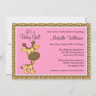Cute Pink Giraffe Girl Baby Shower Invitation