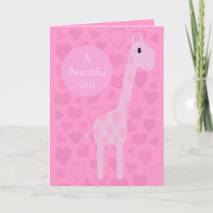 Cute Pink Giraffe & Hearts New Baby Girl Card