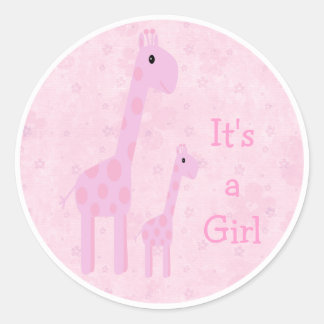 Cute Pink Giraffes & Flowers Its A Girl New Baby Classic Round Sticker