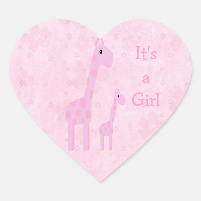 Cute Pink Giraffes & Flowers Its A Girl New Baby Heart Sticker (Front)