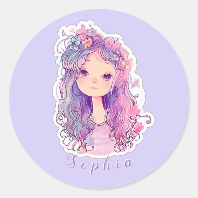 Cute pink girl 3, personalized classic round sticker (Front)