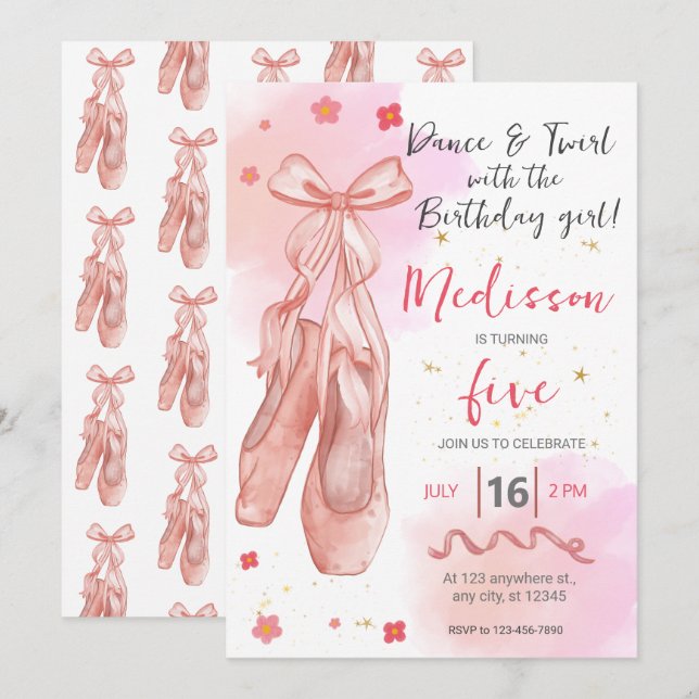 Cute Pink girl birthday ballet party Invitation (Front/Back)
