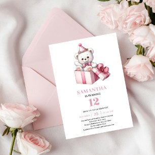Cute Pink Girl Birthday Teddy Bear Balloon Invite