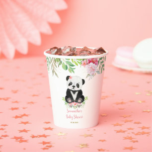 Cute Pink Girl Floral Panda Bear Baby Shower Paper Cups