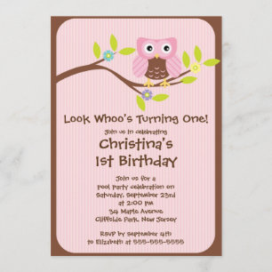 Cute Pink Girl Owl Birthday Party Invitations