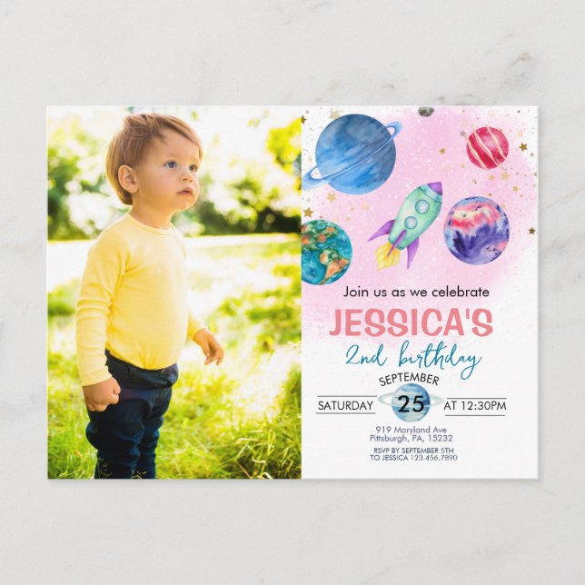 Cute Pink Girl Party Astronaut Birthday Invitatio Postcard (Front)