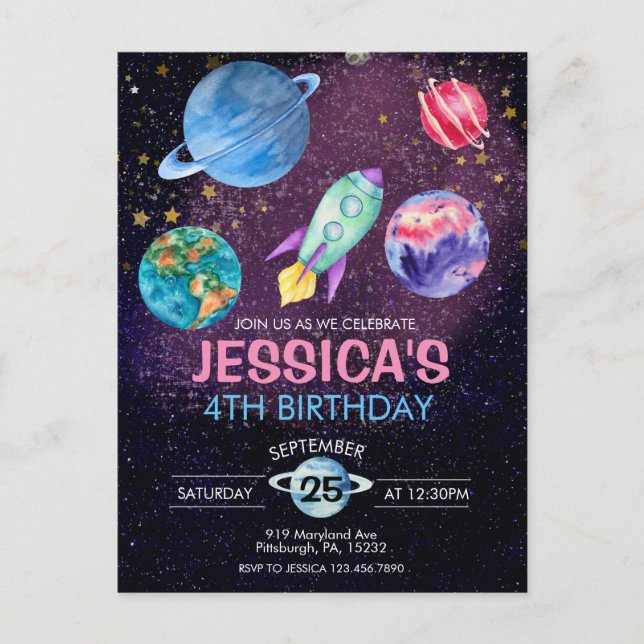 Cute Pink Girl Party Astronaut Birthday Postcard (Front)