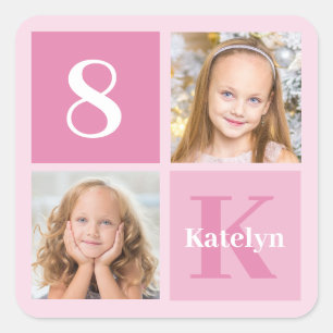 Cute Pink Girl Photo Collage Custom Birthday Party Square Sticker