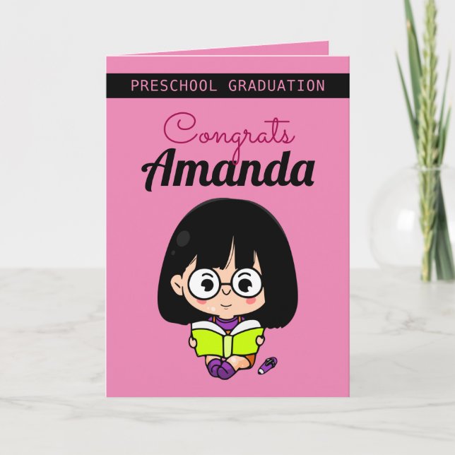 Cute Pink Girl Preschool Graduation Card (Front)