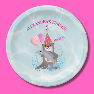 Cute Pink Girl Sea Otter Birthday Party Paper Plate