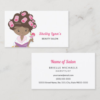 Cute Pink Girl With Curlers Hair and Beauty Salon Business Card
