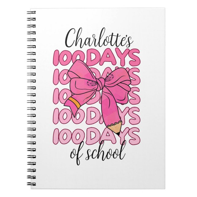 Cute Pink Girls 100 Days of School Pencil Bow Notebook (Front)