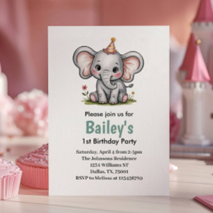 Cute Pink Girls Elephant 1st Birthday Party Invitation