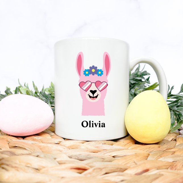 Cute Pink Girls Llama Personalize Name Coffee Mug (Creator Uploaded)