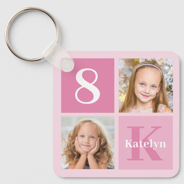 Cute Pink Girls Photo Collage Personalized Keychain (Front)