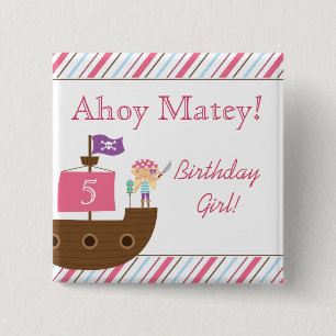 Cute pink girl's pirate birthday party buttons