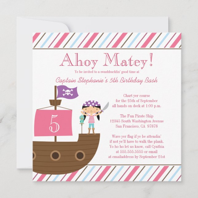 Cute pink girl's pirate birthday party invitation (Front)
