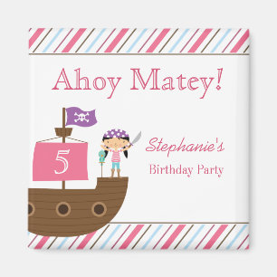 Cute pink girl's pirate birthday party magnets