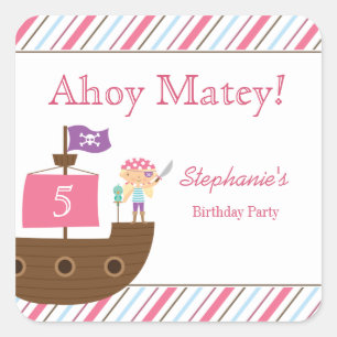 Cute pink girl's pirate birthday party stickers