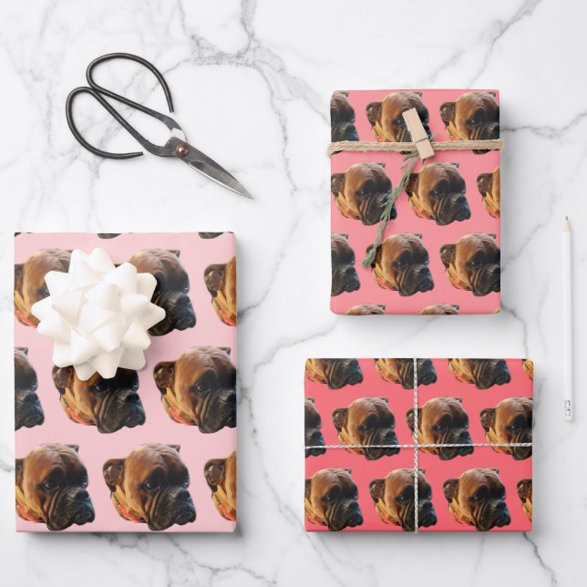 Cute Pink Girly Boxer Dog  Wrapping Paper Sheet (Front)