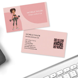 Cute Pink Girly Cartoon Fitness Coach Instructor Business Card