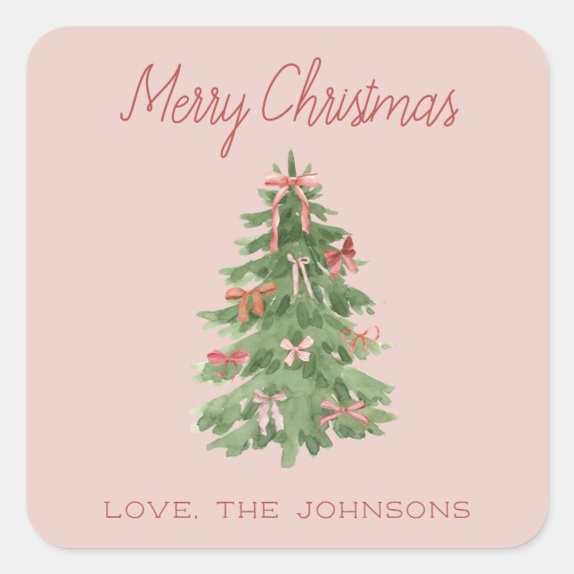 Cute Pink Girly Christmas Tree Gift Square Sticker (Front)