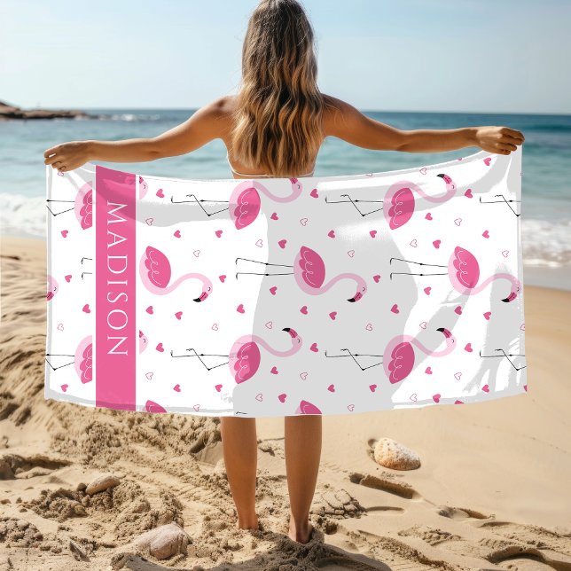Cute Pink Girly Flamingo Love Heart Personalized Beach Towel (Creator Uploaded)