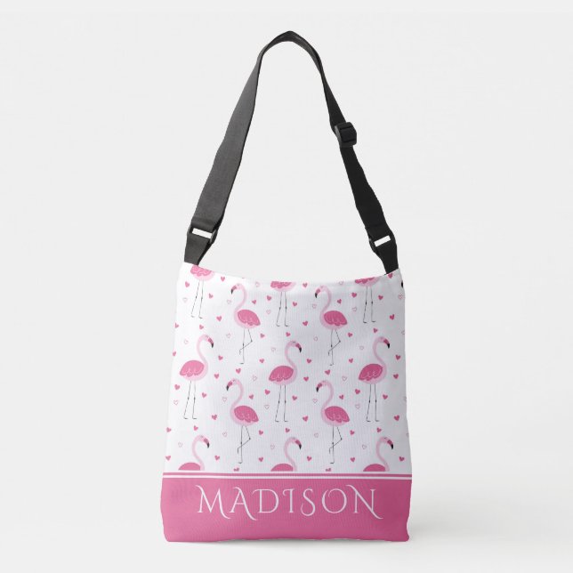 Cute Pink Girly Flamingo Love Heart Personalized Crossbody Bag (Front)
