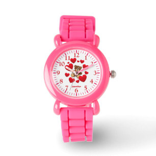 Cute pink girly hearts, and teddy bear name kids watch