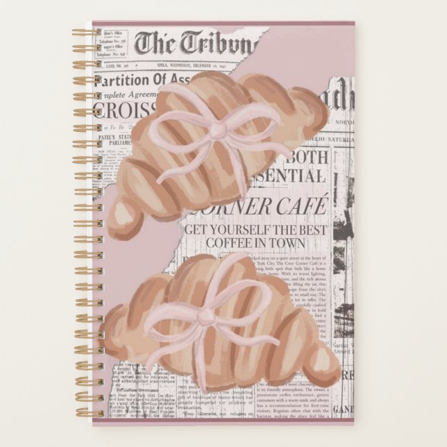 Cute ,pink ,girly planner with croissants . (Front)