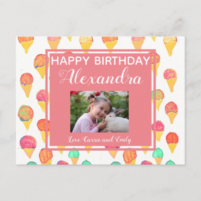 Cute Pink Girly Watercolor Happy Birthday Photo Postcard (Front)