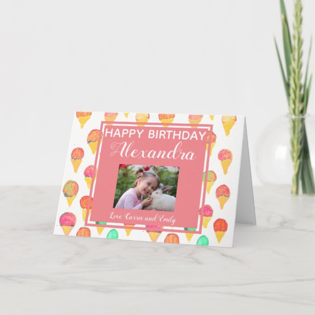 Cute Pink Girly Watercolor Photo Girl's Birthday Card (Front)
