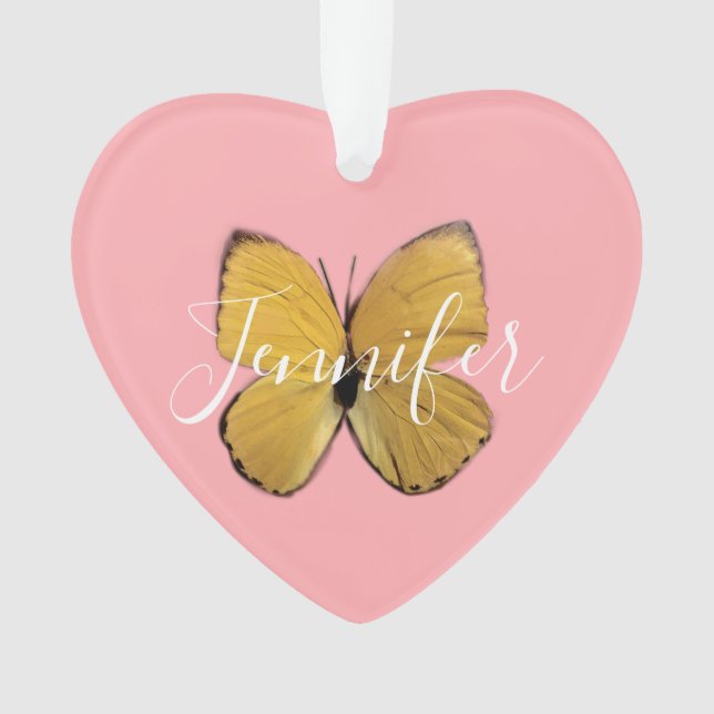 Cute Pink Girly Yellow Butterfly Personalized  Ornament (Front)