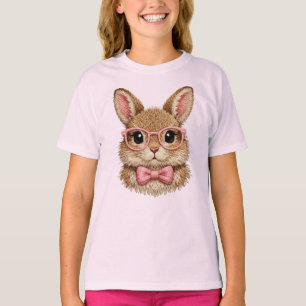 Cute Pink Glasses Bunny Rabbit Embroidery Look - T-Shirt