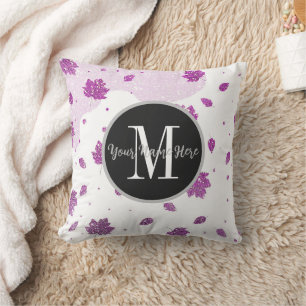 Cute Pink Glitter Autumn Leaves Add Your Name Throw Pillow