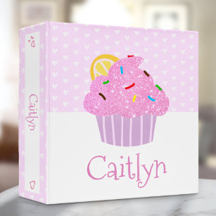 Cute Pink Glitter Cupcake with Hearts Custom Name Binder