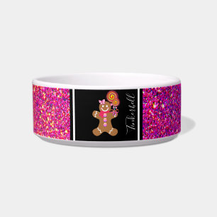 Cute Pink Glitter Gingerbread Girl Customized Dog Bowl