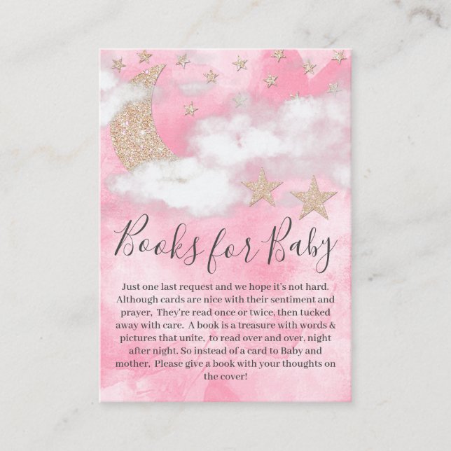 Cute Pink Glitter Moon Stars Books for Baby Shower Enclosure Card (Front)