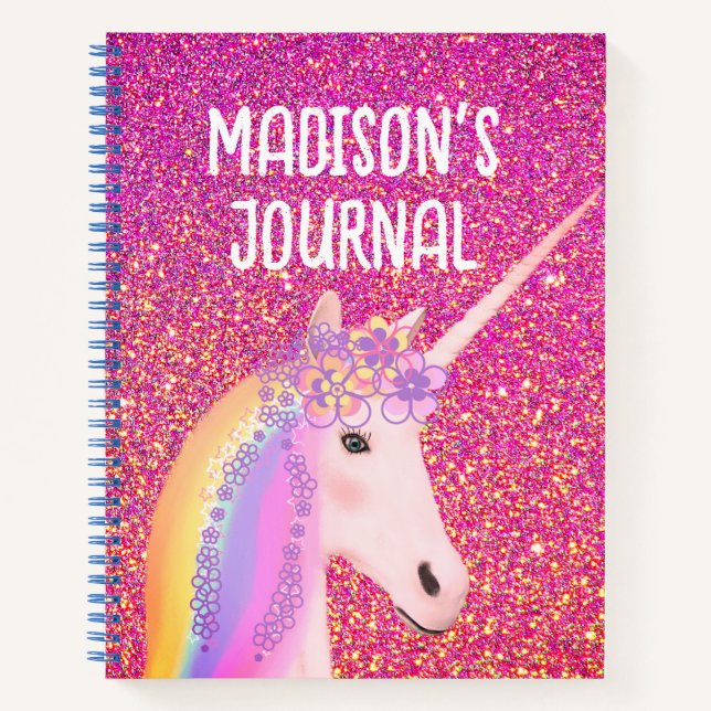 Cute Pink Glitter Unicorn Personalized Journal (Front)
