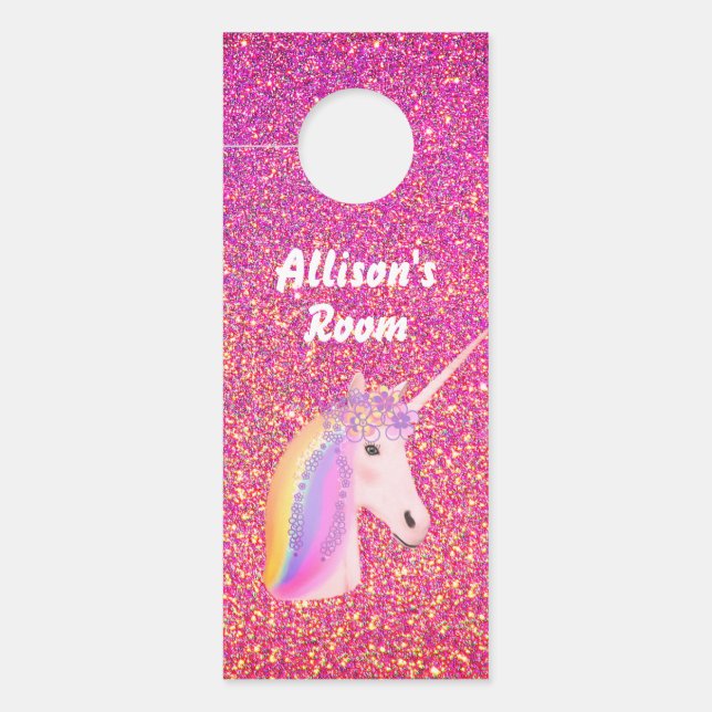 Cute Pink Glitter Unicorn Personalized Kids Door Hanger (Front)