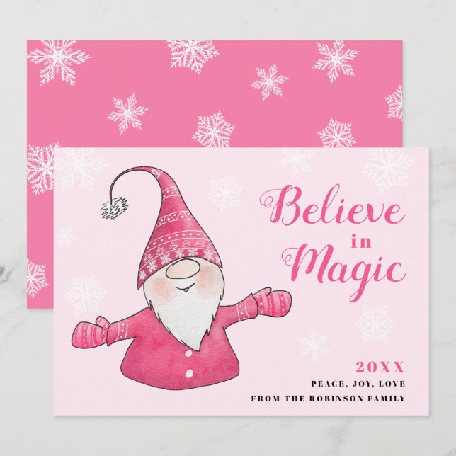 Cute Pink Gnome Believe in Magic Christmas Holiday Card (Front/Back)