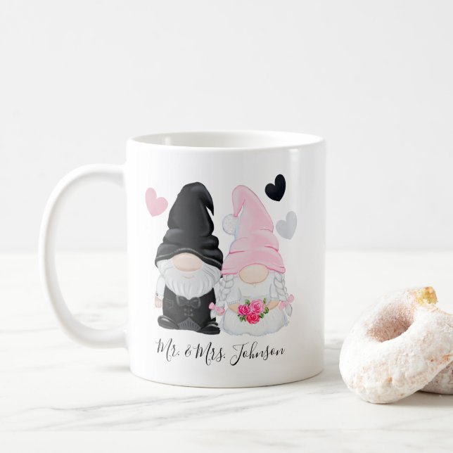 Cute Pink Gnome Bride and Groom Wedding Coffee Mug (With Donut)