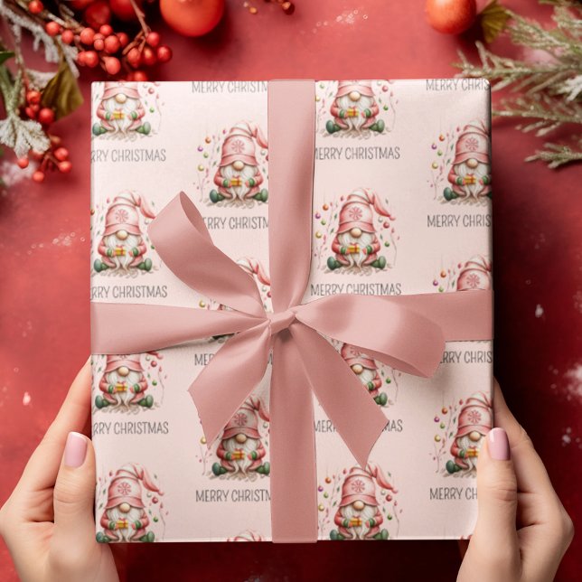 Cute Pink Gnome Christmas Wrapping Paper (Cute pink gnome wrapping paper is the perfect addition to your pink or pastel holiday decor.)